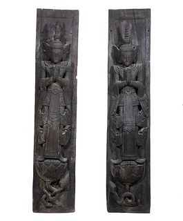 PR OF ANCIENT CARVED WOOD THAI GUARDIAN FIGURES