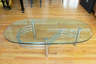 OVAL GLASS-TOP COFFEE TABLE ON CHROME STAND