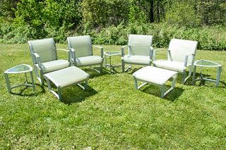 (9 PC SET) HIGH DESIGN BROWN JORDAN PATIO FURNITURE (FOUR ARMCHAIRS, TWO HASSOCKS, THREE SIDE TABLES)