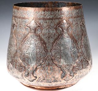 MIDDLE EASTERN SILVER INLAID COPPER JARDINIERE
