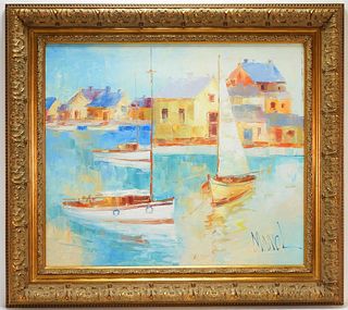 John Adamos Manol Impressionist Harbor Painting