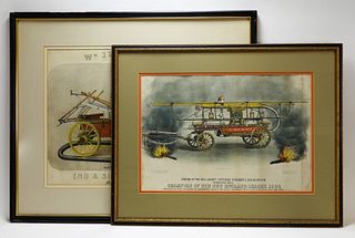 2PC American Fire Engine Lithographs