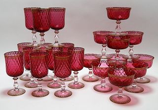 22PC Cranberry Quilted Enamel Glass Stemware