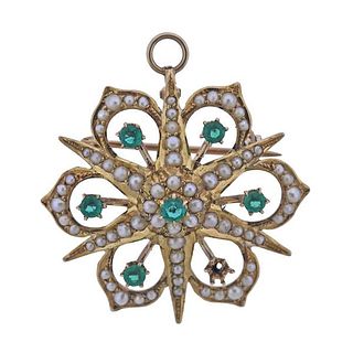 Antique 14k Gold Pearl Emerald Brooch Pendant