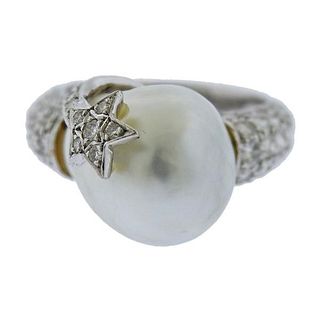 18k Gold Diamond Baroque Pearl Ring