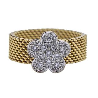Tous 18K Gold Diamond Flower Band Ring