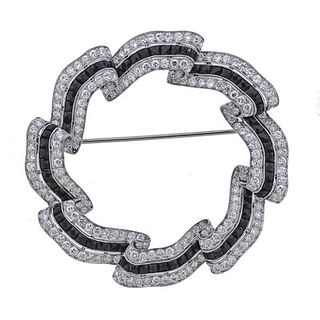 Platinum Diamond French Cut Onyx Brooch Pin