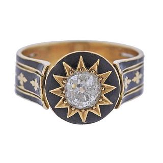 Antique 18k Gold Old Mine Diamond Enamel Ring