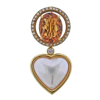 18k Gold Heart Mabe Pearl Diamond Citrine Brooch