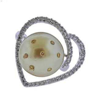 18K Gold Diamond Pearl Open Heart Ring