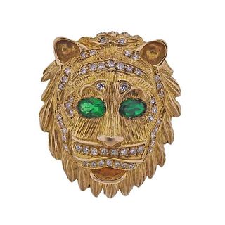 14k Gold Diamond Lion Head Brooch Pin