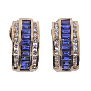 14k Gold Diamond Sapphire Half Hoop Earrings