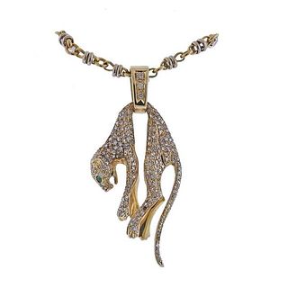 14k Gold Diamond Emerald Panther Pendant 18k Necklace 