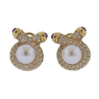 18K Gold Diamond Pearl Ruby Earrings