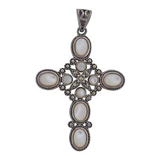 Silver Mother of Pearl Marcasite Cross Pendant