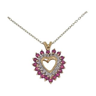 14K Gold Diamond Ruby Heart Pendant Necklace