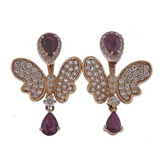 18K Gold Diamond Ruby Day &amp; Night Butterfly Earrings