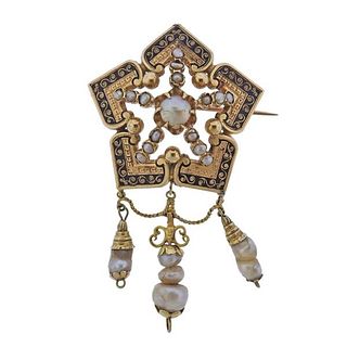 Antique Victorian 18K Gold Pearl Enamel Brooch Pendant