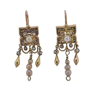Antique Victorian 18k Gold Pearl Enamel Earrings