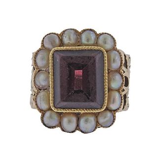18K Gold Pearl Garnet Ring