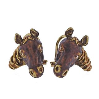 18K Gold Diamond Enamel Horse Head Earrings
