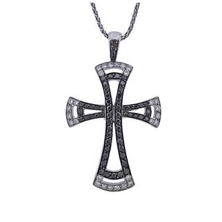 18k Gold Black White Diamond Cross Pendant Necklace