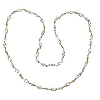 Italian 18k Gold Pearl Long Necklace