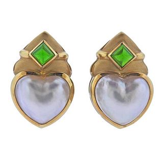 18K Gold Mabe Pearl Tourmaline Heart Earrings 