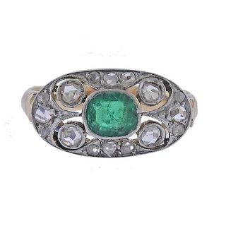 Antique 18k Gold Platinum Diamond Emerald Ring