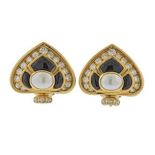 18K Gold Diamond Onyx Pearl Clip on Earrings