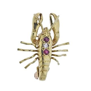 14k Gold Diamond Ruby Lobster Small Brooch Pin