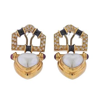 18k Gold Mabe Pearl Diamond Ruby Heart Earrings