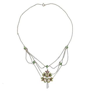 Antique  Gold Enamel Pearl Lavalier Pendant Necklace 