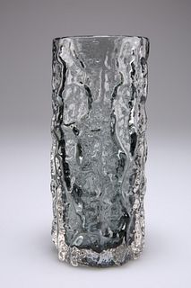 WHITEFRIARS, A TEXTURED CYLINDRICAL "BARK" GLASS VASE, by G