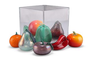 TEN PIECES OF MURANO GLASS FRUIT, in a square glass bowl wi