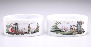A SCARCE PAIR OF 18TH CENTURY MILK GLASS SALTS, oval, the f