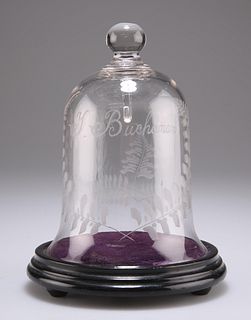 A VICTORIAN GLASS WATCH BELL, engraved with ferns and the n