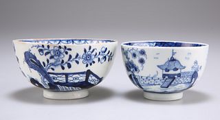 TWO LOWESTOFT TEA BOWLS, CIRCA 1770, the larger bowl blue p