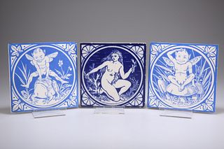A MINTON "WATER NYMPH" POTTERY TILE, blue printed, factory 