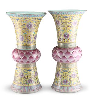 A NEAR-PAIR OF LARGE CHINESE FAMILLE ROSE LOTUS-FORM VASES,