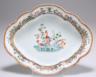 A CHINESE PORCELAIN ARMORIAL DISH, 18TH CENTURY, lozenge sh