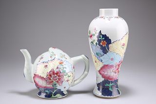A CHINESE TOBACCO LEAF PATTERN PORCELAIN VASE AND "TEAPOT",