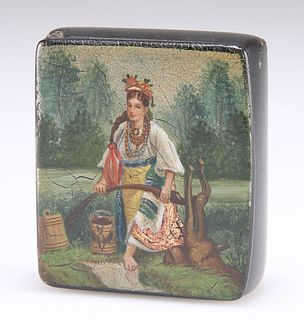 A 19TH CENTURY RUSSIAN BLACK LACQUER SNUFF BOX, the hinged 
