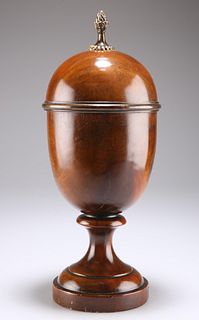 A GEORGE III STYLE MAHOGANY URN-SHAPED BOX, the domed cover