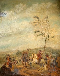 AFTER WOUVERMANS, HORSEMEN, oil on oak panel, framed. 16cm 