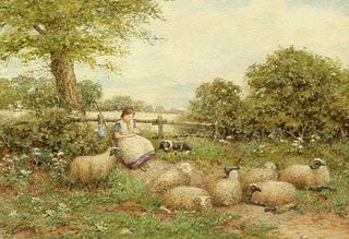 ENGLISH SCHOOL (19TH CENTURY), SHEPHERDESS AND FLOCK AT RES