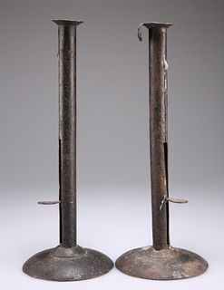 A PAIR OF EARLY 19TH CENTURY SHEET IRON CANDLESTICKS, OF HO