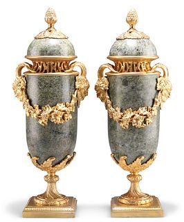 A PAIR OF LOUIS XVI STYLE GILT-METAL MOUNTED GREEN MARBLE C