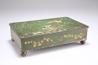 A 19TH CENTURY GREEN TOLEWARE BOX, rectangular form, the hi