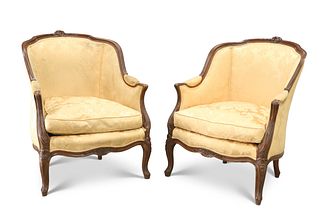 A PAIR OF FRENCH WALNUT AND UPHOLSTERED ARMCHAIRS, CIRCA 19